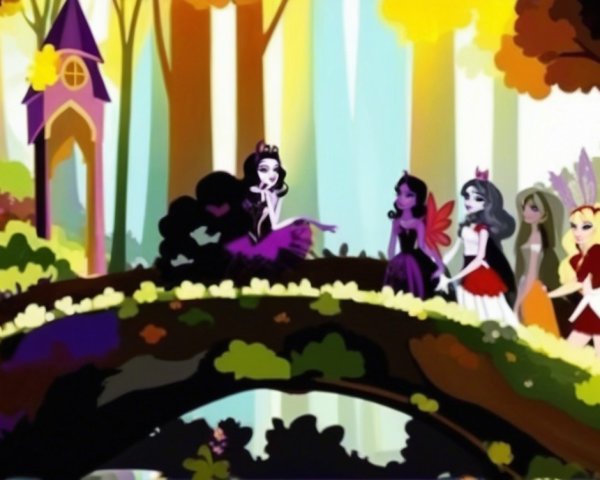 Colorful Forest Scene with Whimsical Fairy Characters