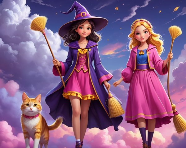 Young Witches in Colorful Outfits with Cat and Clouds