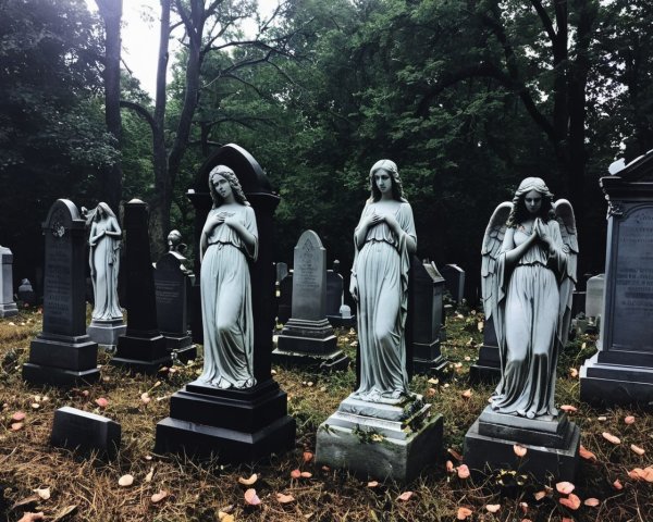 Serene Cemetery Scene with Angel Statues and Greenery