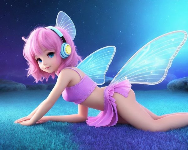 Whimsical fairy with pink hair in a vibrant landscape