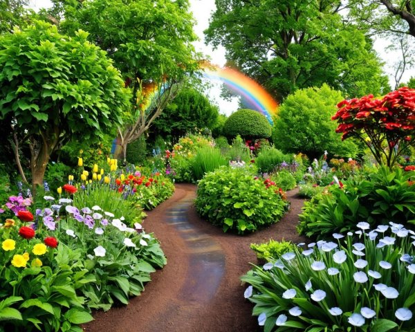 Vibrant Garden with Colorful Flowers and Rainbow