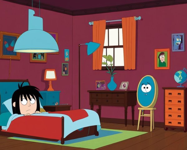 Colorful Animated Bedroom with Concerned Girl