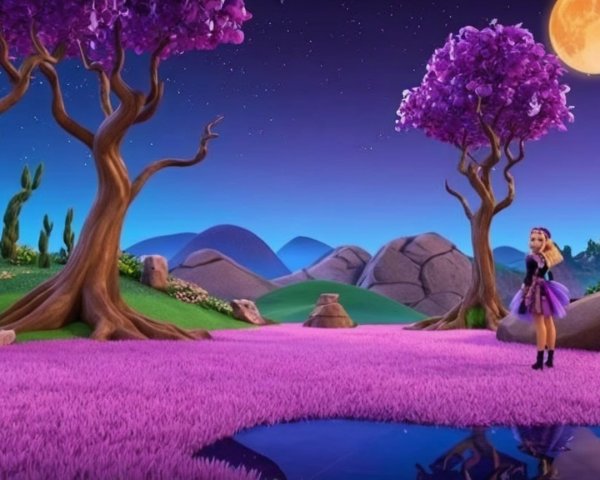 Whimsical Landscape with Purple Trees and Starry Sky