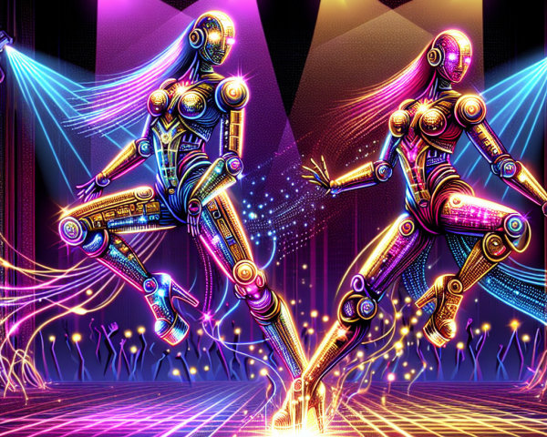 Robotic Dancers on Neon-Lit Dance Floor