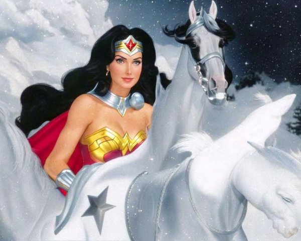 Superheroine on White Horse in Snowy Landscape