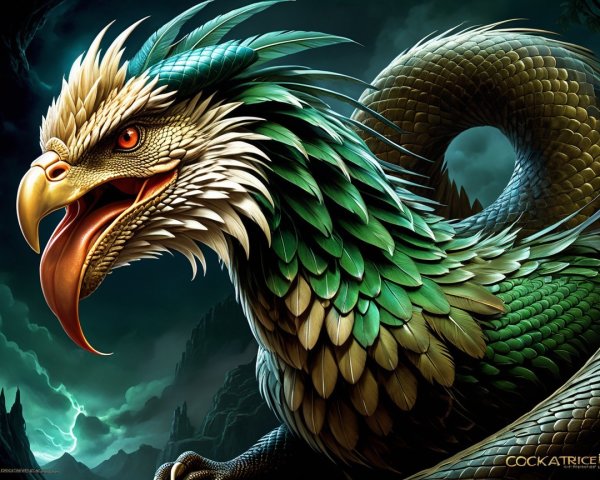 Majestic dragon with green scales in stormy landscape
