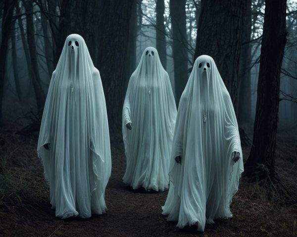 Ghostly Figures in a Misty Forest Pathway
