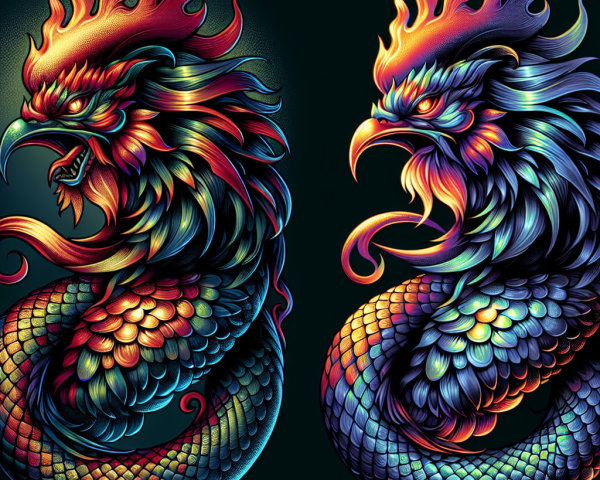 Vibrant Stylized Dragons with Rooster Features