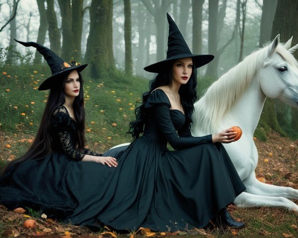 Witches and Unicorn in a Mystical Autumn Forest