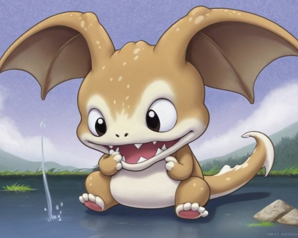 Cartoonish dragon-like creature by tranquil pond