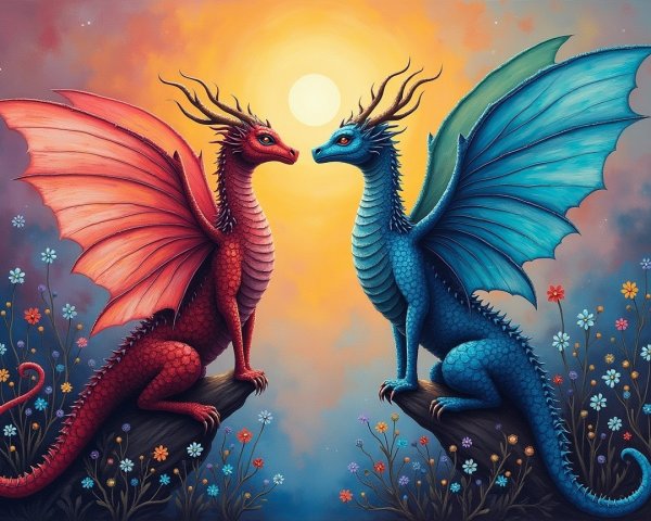 Dragons in Colorful Landscape at Sunset