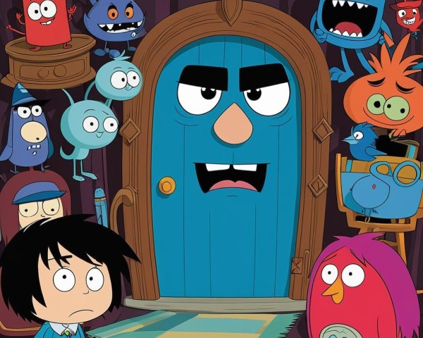 Animated Scene with Quirky Characters and Blue Door