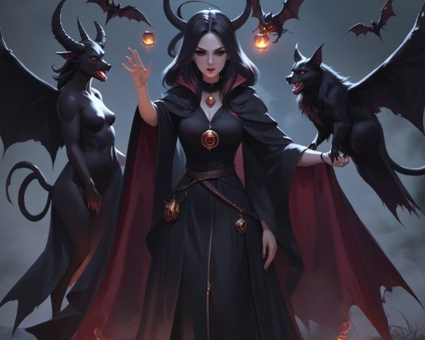 Powerful sorceress in dark robe with bat-like creatures