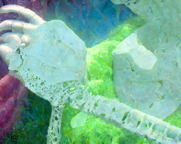 Skeletal Hands Intertwined with Green Foliage