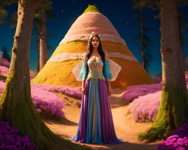 Woman in Colorful Gown in Enchanted Landscape