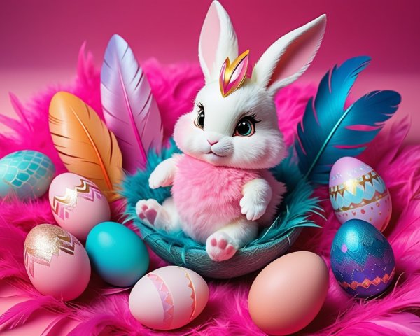 Plush White Bunny in Colorful Easter Nest Setting
