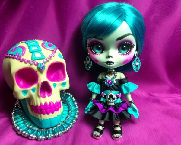 Vibrant Doll with Teal Hair and Colorful Skull Decor