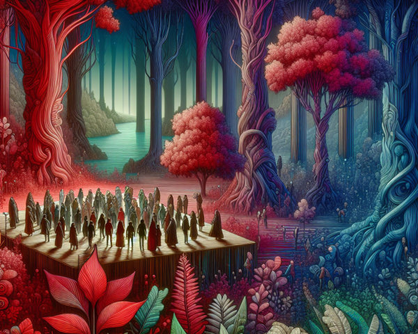 Mystical Gathering on a Wooden Stage in a Forest