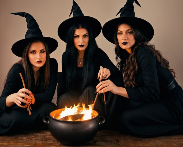 Three Witches Stirring a Cauldron in Dark Attire