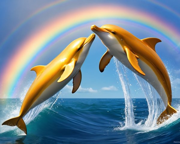 Golden dolphins leaping under a vibrant rainbow sky