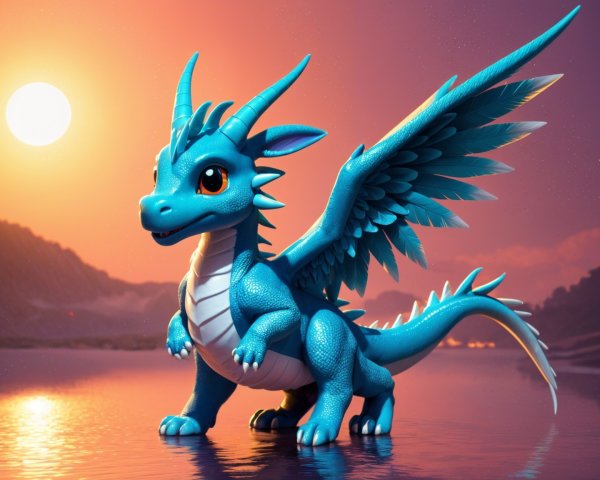 Blue Dragon by Serene Lake at Sunset