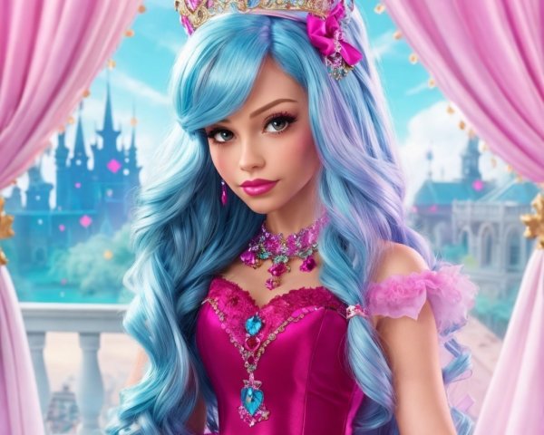 Princess with Turquoise Hair and Fuchsia Gown