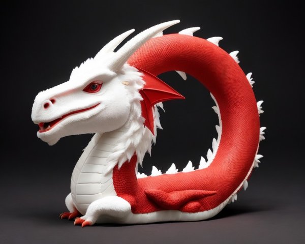 Stylized dragon figure with red horns and scales