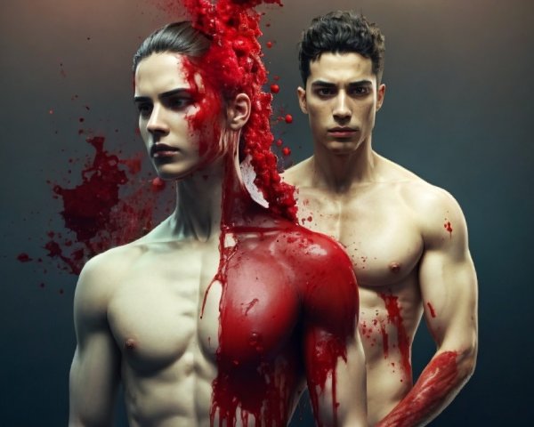 Muscular Male Figures in Dramatic Red and Dark Composition