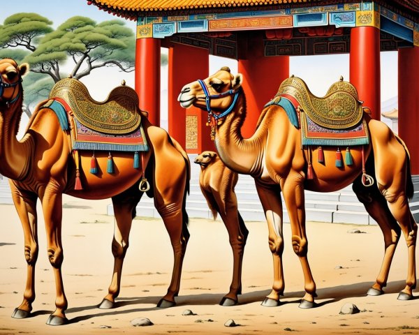 Adorned Camels Under Traditional Decorative Archway