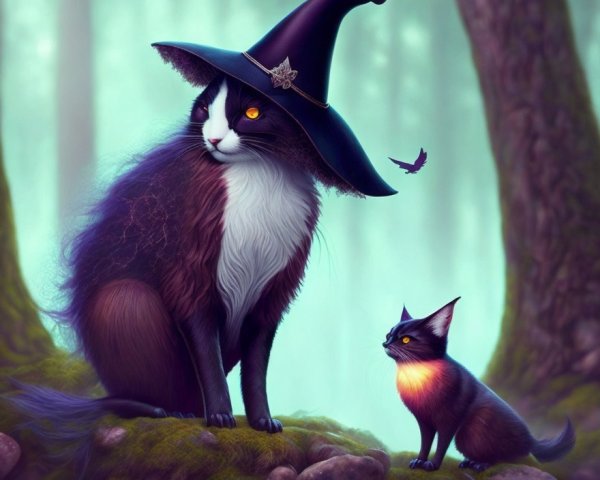 Magical Forest Scene with Enchanted Cats and Light