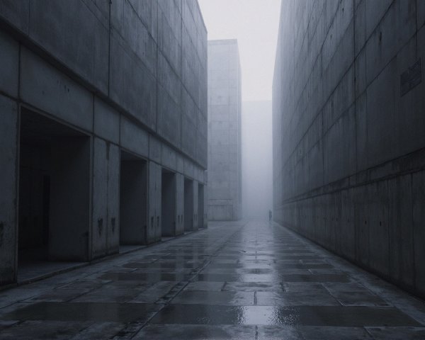 Misty Urban Landscape with Concrete Structures and Fog