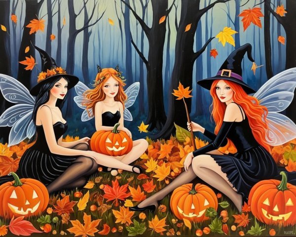 Witches in Enchanted Forest with Autumn Leaves and Pumpkins