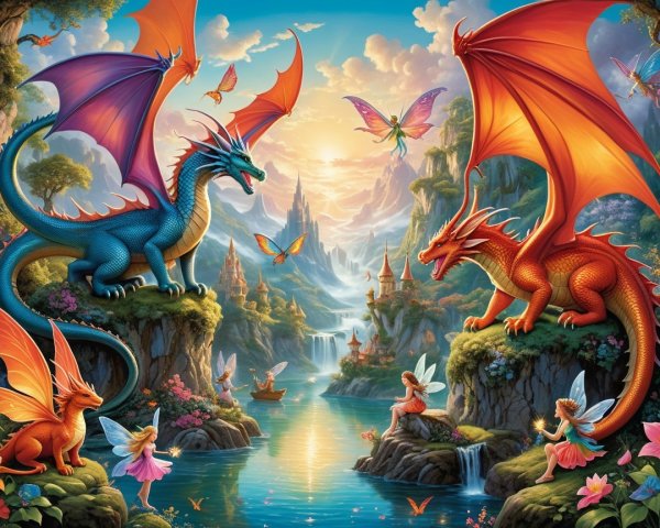 Dragons in a Fantasy Landscape with Fairies and Castles
