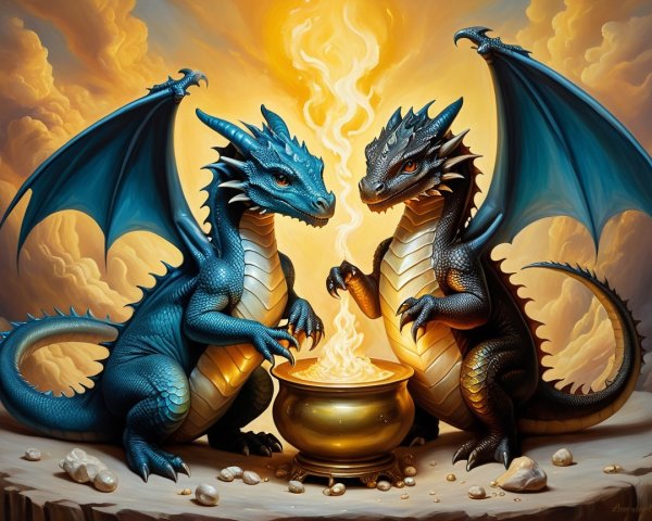 Dragons and Cauldron in Enchanted Cloud Scene