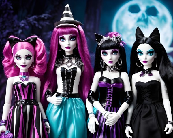 Stylish Dolls in Spooky Moonlit Setting