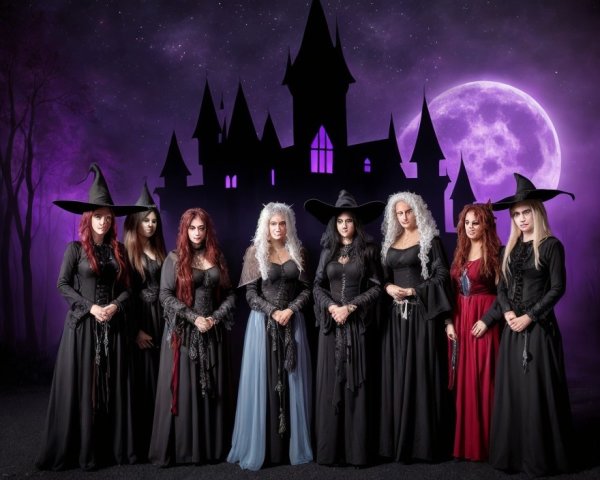 Witches in Black Dresses Before a Silhouetted Castle
