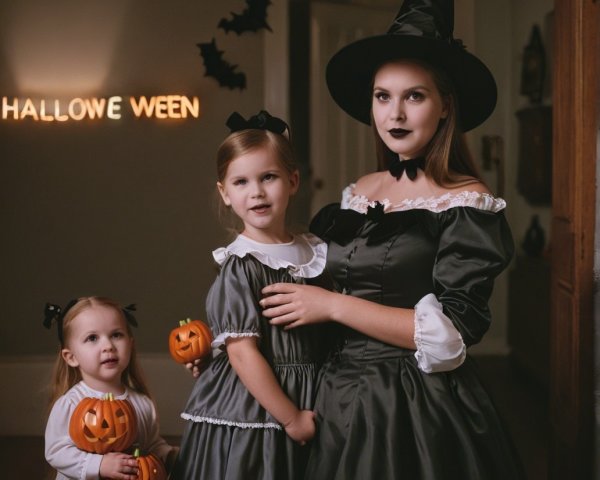 Witch and Girls Celebrate Halloween with Pumpkins