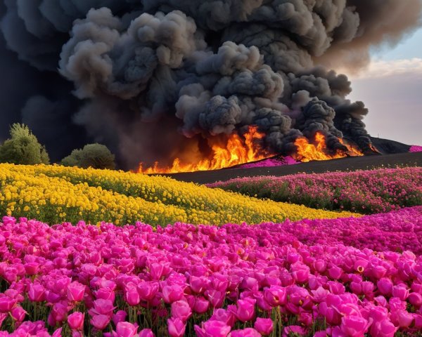 Tulip Fields Contrast with Distant Fire and Smoke