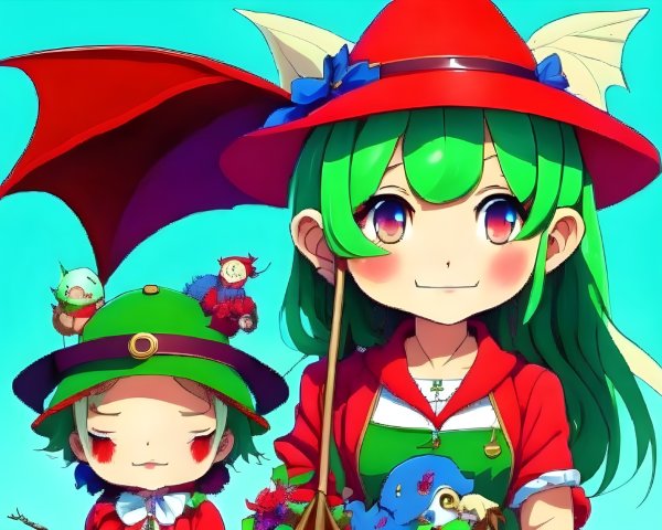 Vibrant Scene with Two Characters and Whimsical Creatures