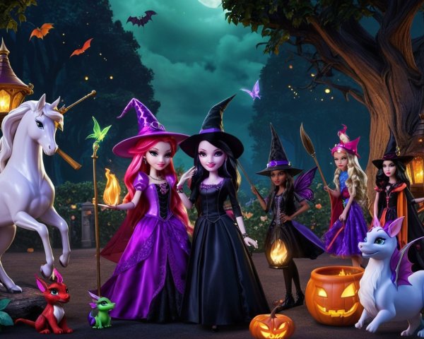 Witches Gather in a Moonlit Forest with Magical Creatures