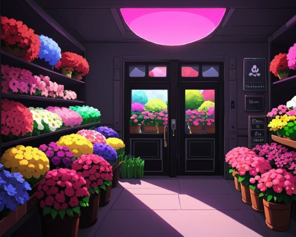 Vibrant Flower Shop with Colorful Blooms and Sunlight