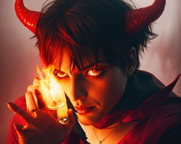 Figure with Red Horns and Glowing Flame Vial