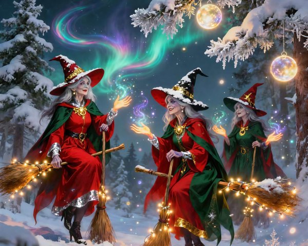 Elderly witches flying in a snowy forest at night
