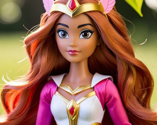 Auburn-haired doll in vibrant pink outfit with wings