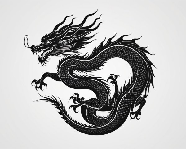 Stylized Black Silhouette of a Dynamic Dragon