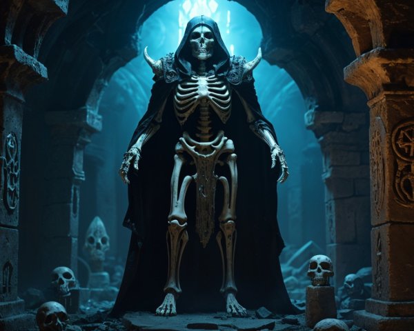 Menacing Skeleton in Ancient Ruin with Eerie Atmosphere