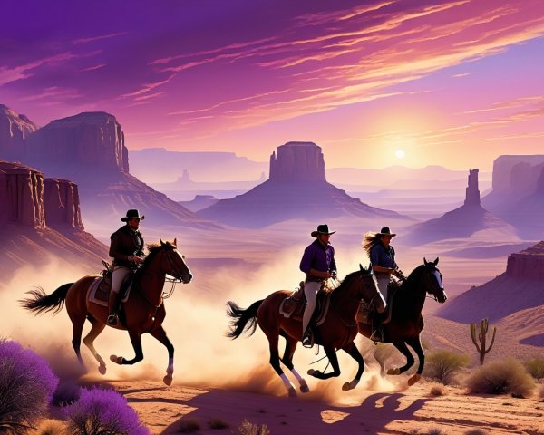 Vibrant Sunset Over Cowboys in Dusty Landscape
