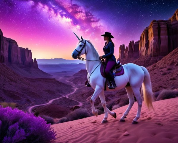 Rider on Unicorn in Vibrant Desert Landscape