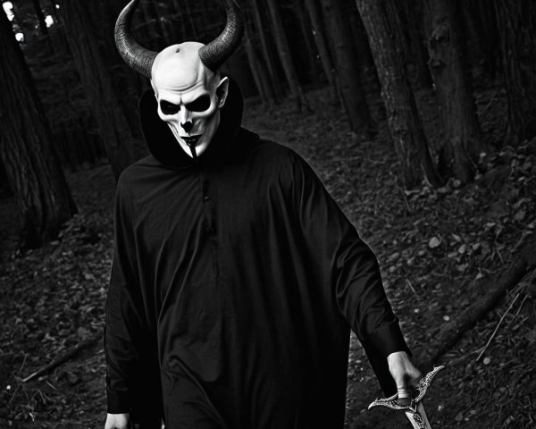 Cloaked Figure with Skull Mask in Dark Forest Setting