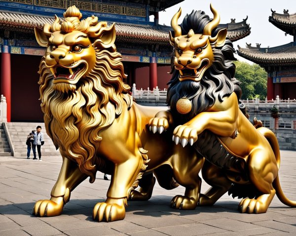 Golden guardian lions in traditional architectural setting